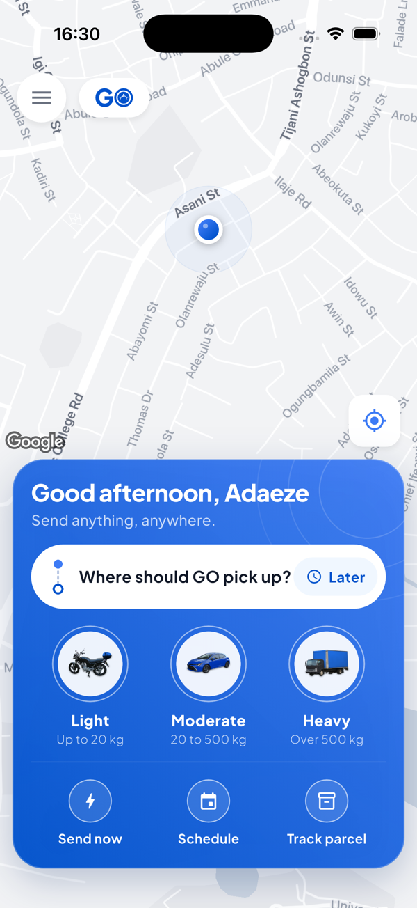 GO app home screen with Light, Moderate and Heavy options